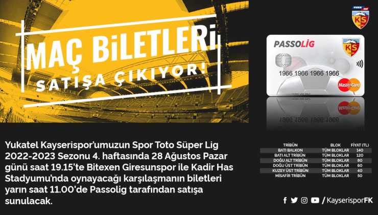 Kayserispor – Giresunspor maçının biletleri yarın satışa çıkacak