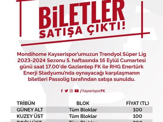 Kayserispor – Gaziantep FK maç biletleri satışta