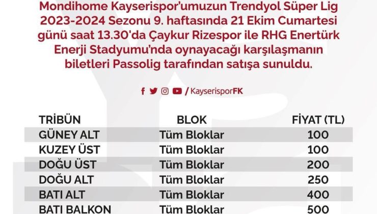 Kayserispor – Rizespor maçının biletleri satışa çıktı