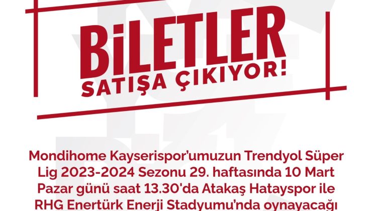 Kayserispor – Hatayspor maç biletleri yarın satışa çıkıyor